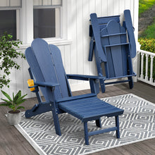 Load image into Gallery viewer, 【Arttoreal】 New Adirondack-Chairs-with-Ottoman | Folding | Retractable-Footrest | HDPE Plastic | All Weather Fire Pit Chair | Cup Holders | Blue | for Outdoor Poolside