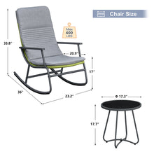 Load image into Gallery viewer, Sky Patio 3-Piece Patio Rocking Chair Bistro Set, Heavy Duty 400 LBS Rocking Chairs with 17.3" Side Table, Gray Cushion & Green Wicker for Garden, Balcony