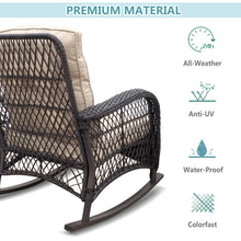 Load image into Gallery viewer, Outdoor Wicker Rocking Chair Set of 3 / Patio Conversation Sets with 2 Rattan Rocker Chairs and Tempered Glass Coffee Table