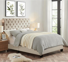 Load image into Gallery viewer, Upholstered fabric bed frame with adjustable headboard, Chesterfield style, wooden slatted supports, easy to assemble, single size
