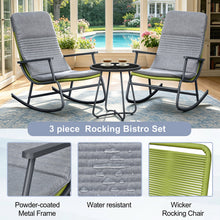 Load image into Gallery viewer, Sky Patio 3-Piece Patio Rocking Chair Bistro Set, Heavy Duty 400 LBS Rocking Chairs with 17.3" Side Table, Gray Cushion &amp; Green Wicker for Garden, Balcony
