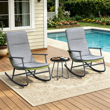 Load image into Gallery viewer, Sky Patio 3-Piece Patio Rocking Chair Bistro Set, Heavy Duty 400 LBS Rocking Chairs with 17.3" Side Table, Gray Cushion &amp; Green Wicker for Garden, Balcony
