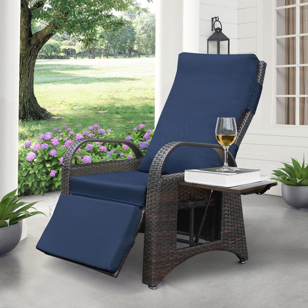 Outdoor Patio Adjustable Wicker Recliner Chair with Flip Side Table, All-Weather PE Rattan Reclining Chairs with Independently Adjustable Backrest and Footrest