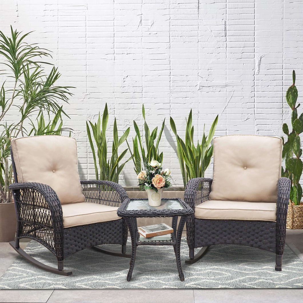 Outdoor Wicker Rocking Chair Set of 3 / Patio Conversation Sets with 2 Rattan Rocker Chairs and Tempered Glass Coffee Table