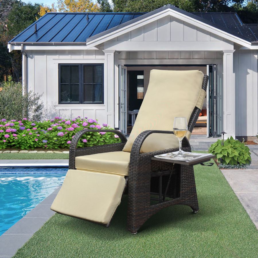 Outdoor Patio Adjustable Wicker Recliner Chair, All-Weather PE Rattan Reclining Chairs with Flip Side Table
