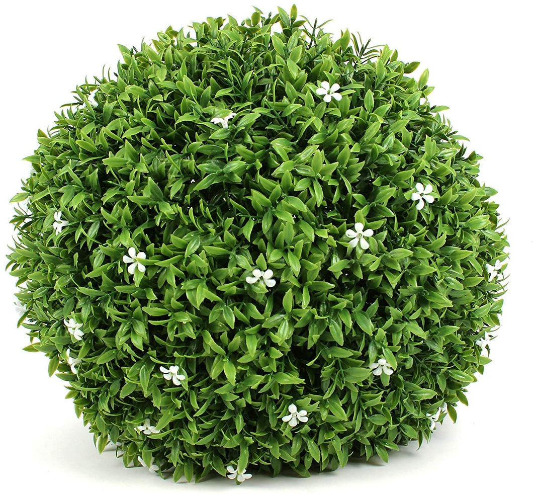 15'' Artificial Boxwood Topiary Ball, Indoor Outdoor Artificial Plant Ball Wedding Party Decoration (15‘’, Ball with White Flower)