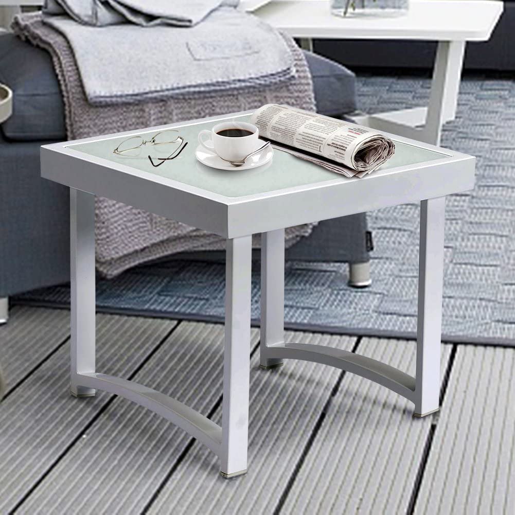 Modern Square End Tables for Living Room / White Rustic Aluminum Outdoor Side Table / Patio Tempered Glass Accent Table