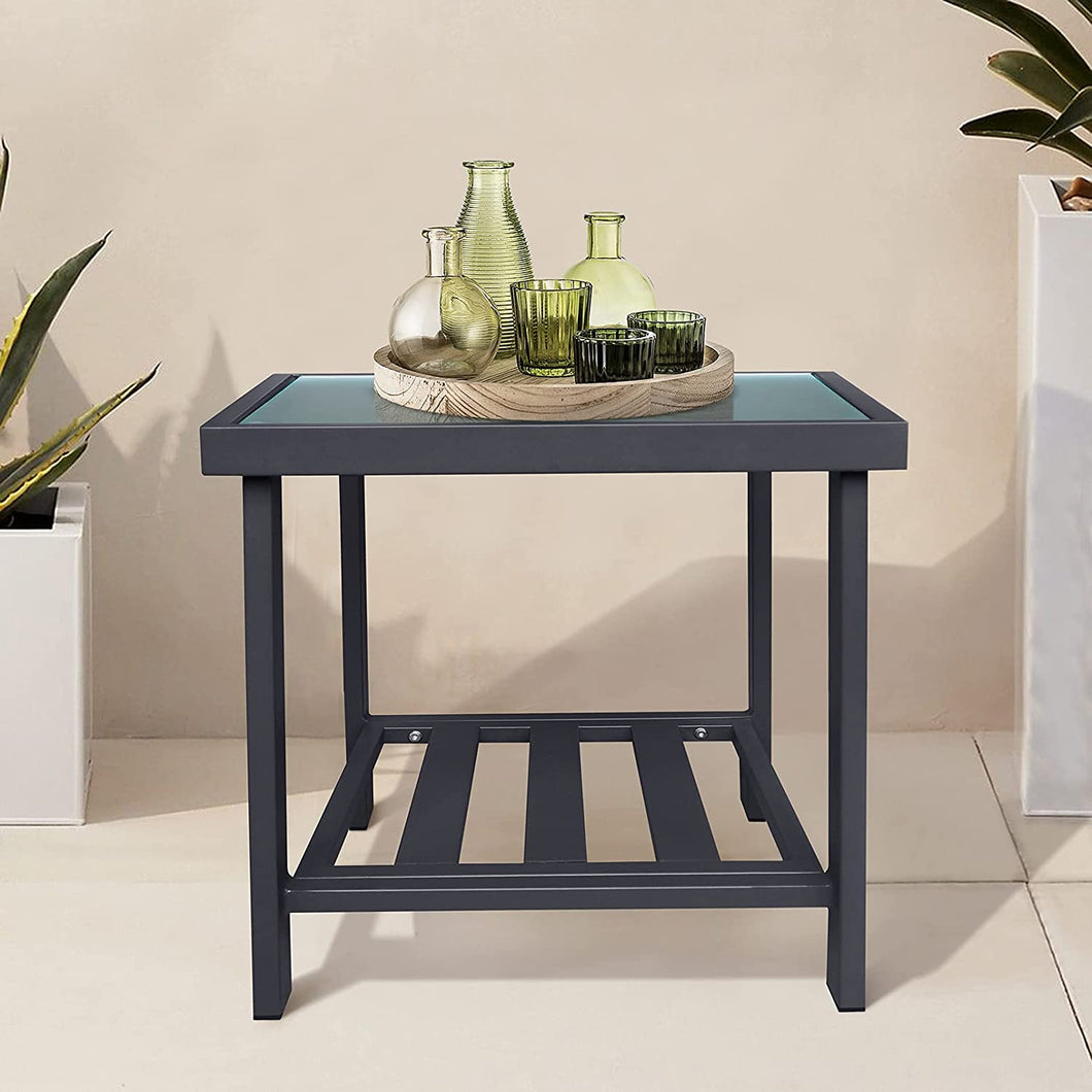 Modern Square End Tables for Living Room / Black Rustic Aluminum Outdoor Side Table with Storage Space / Patio Tempered Glass Accent Table