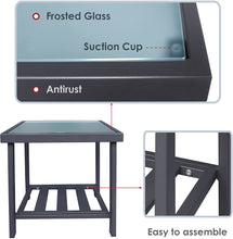 Load image into Gallery viewer, Modern Square End Tables for Living Room / Black Rustic Aluminum Outdoor Side Table with Storage Space / Patio Tempered Glass Accent Table
