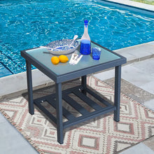 Load image into Gallery viewer, Modern Square End Tables for Living Room / Black Rustic Aluminum Outdoor Side Table with Storage Space / Patio Tempered Glass Accent Table
