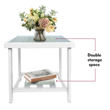 Load image into Gallery viewer, Modern Square End Tables for Living Room / Black Rustic Aluminum Outdoor Side Table with Storage Space / Patio Tempered Glass Accent Table
