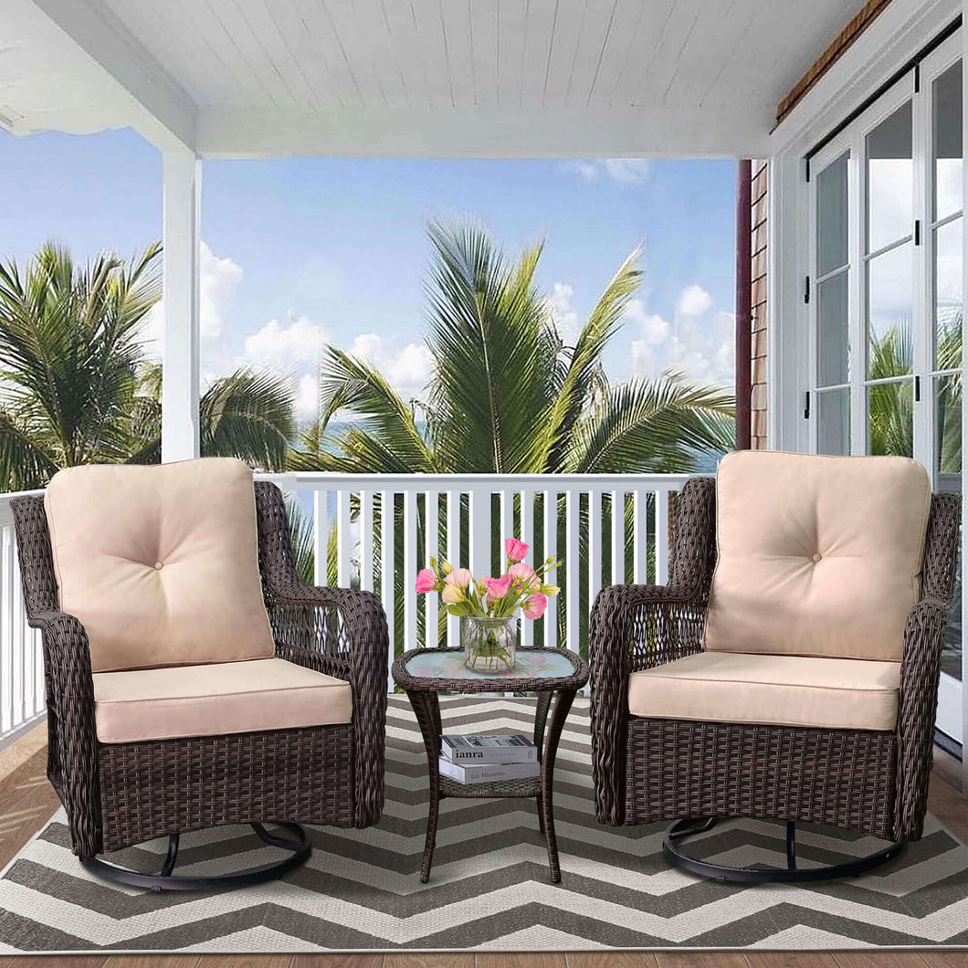 Outdoor Resin Wicker Swivel Rocker Patio Chair / 360-Degree Swivel Rocking Chairs and Tempered Glass Top Side Coffee Table (3 pcs)