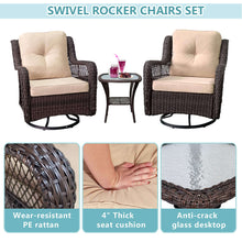 Load image into Gallery viewer, Outdoor Resin Wicker Swivel Rocker Patio Chair / 360-Degree Swivel Rocking Chairs and Tempered Glass Top Side Coffee Table (3 pcs)
